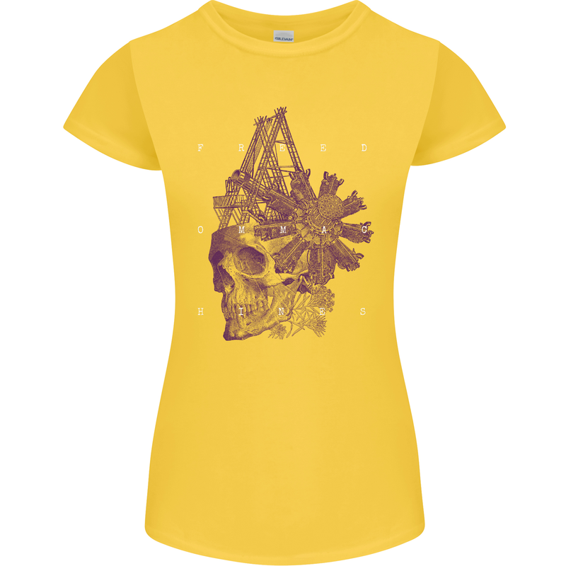 Freedom Machines Skull Womens Petite Cut T-Shirt Yellow