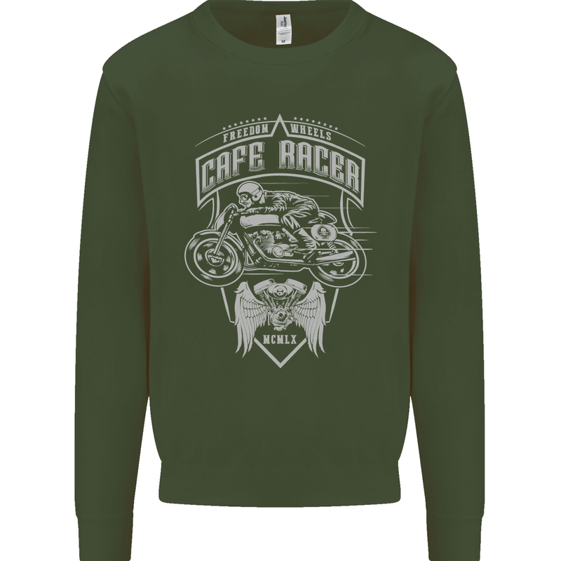 Freedom Wheels Cafe Racer Biker Motorcycle Kids Sweatshirt Jumper Forest Green