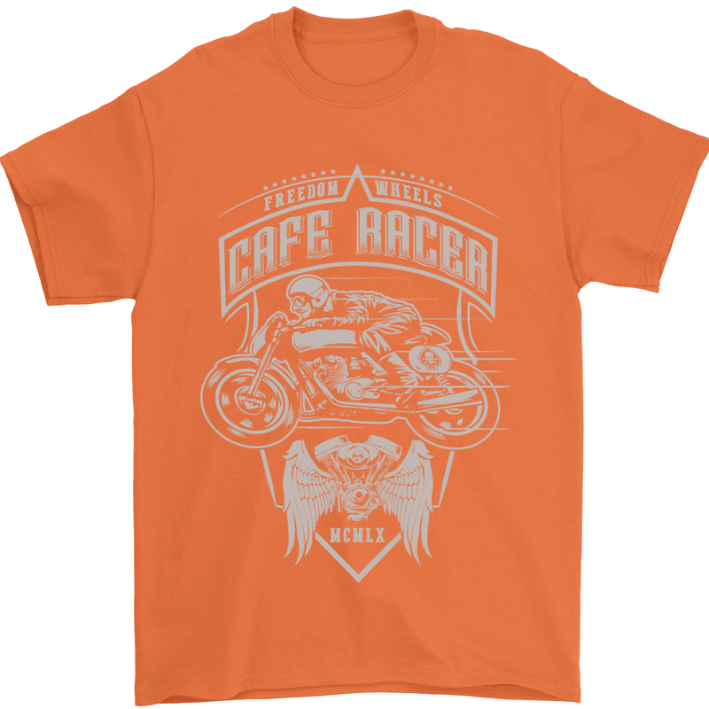 Freedom Wheels Cafe Racer Biker Motorcycle Mens T-Shirt Cotton Gildan Orange