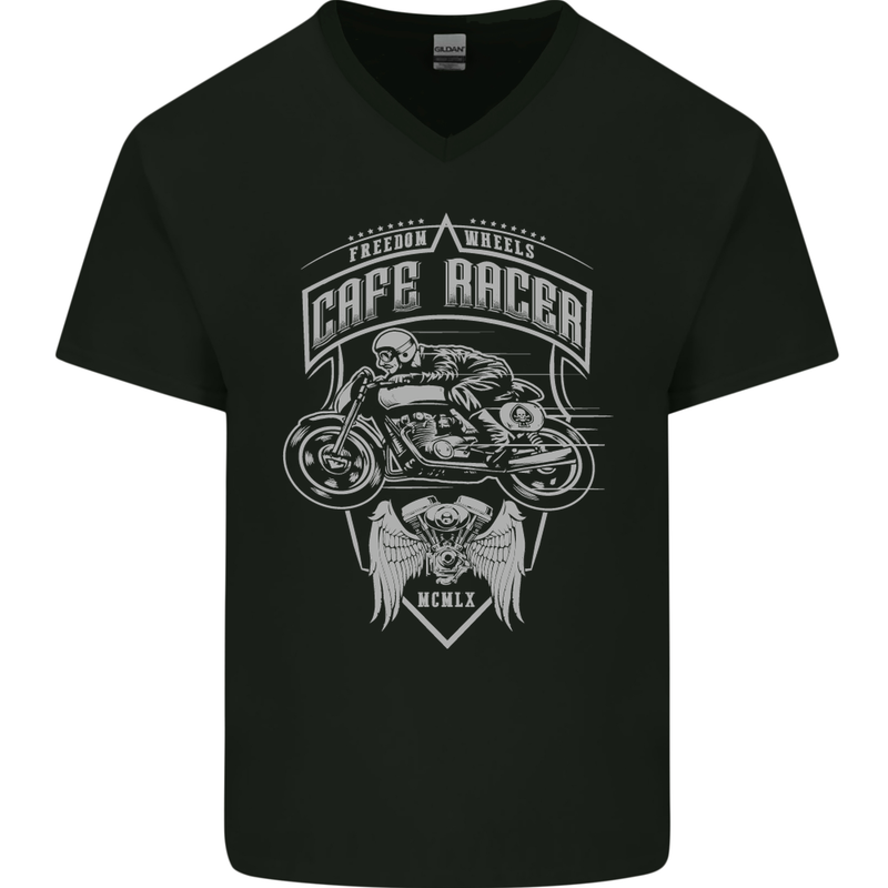 Freedom Wheels Cafe Racer Biker Motorcycle Mens V-Neck Cotton T-Shirt Black