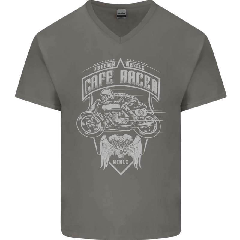 Freedom Wheels Cafe Racer Biker Motorcycle Mens V-Neck Cotton T-Shirt Charcoal