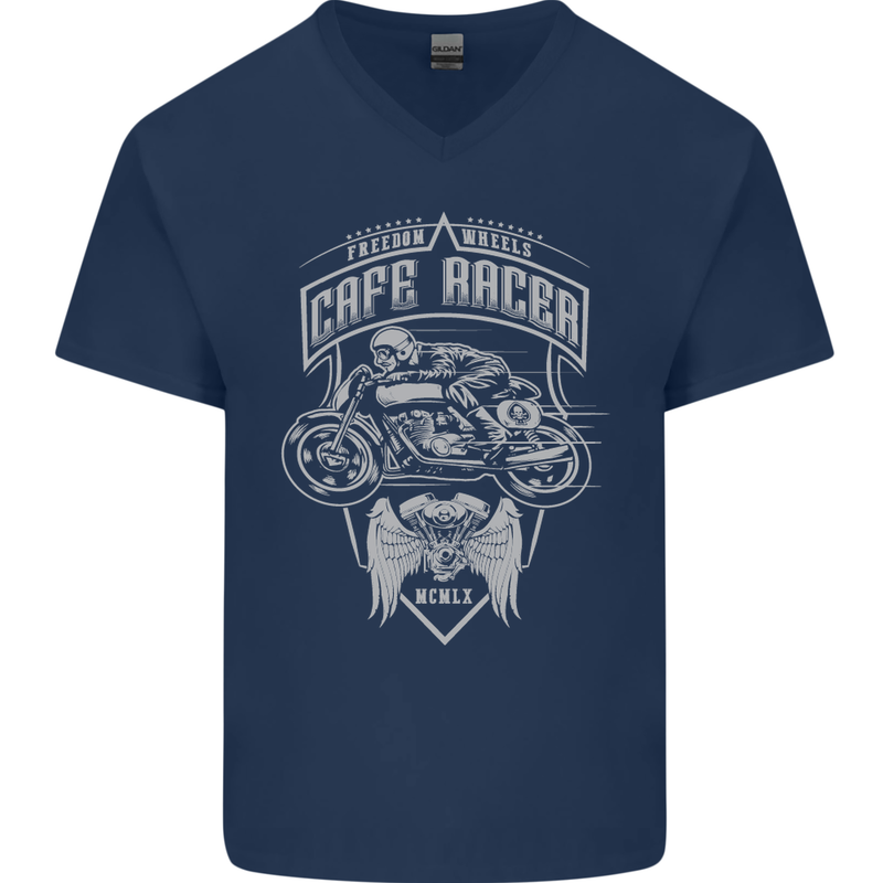 Freedom Wheels Cafe Racer Biker Motorcycle Mens V-Neck Cotton T-Shirt Navy Blue