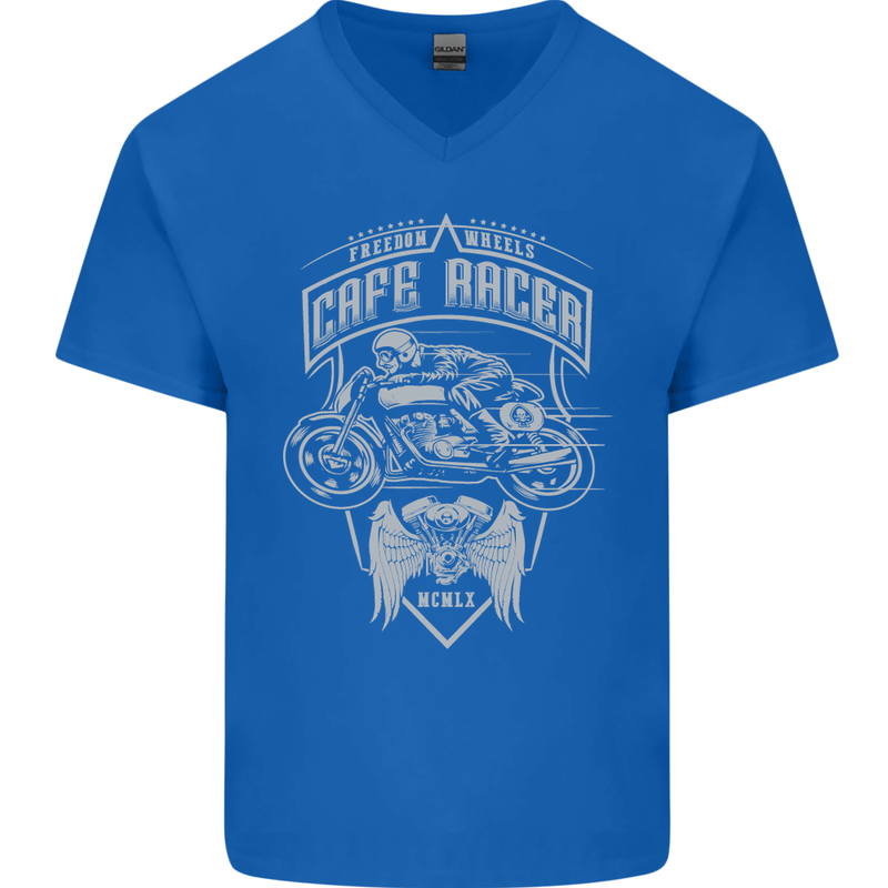 Freedom Wheels Cafe Racer Biker Motorcycle Mens V-Neck Cotton T-Shirt Royal Blue