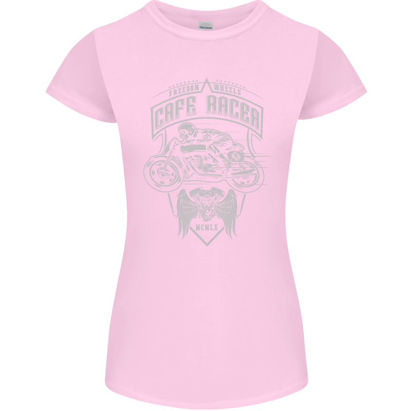 Freedom Wheels Cafe Racer Biker Motorcycle Womens Petite Cut T-Shirt Light Pink