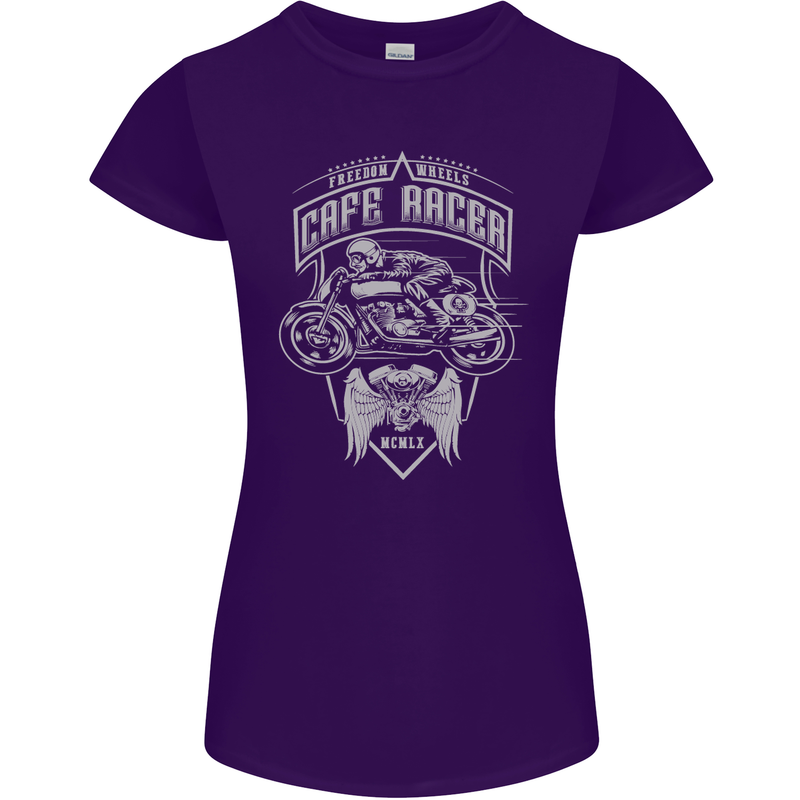 Freedom Wheels Cafe Racer Biker Motorcycle Womens Petite Cut T-Shirt Purple