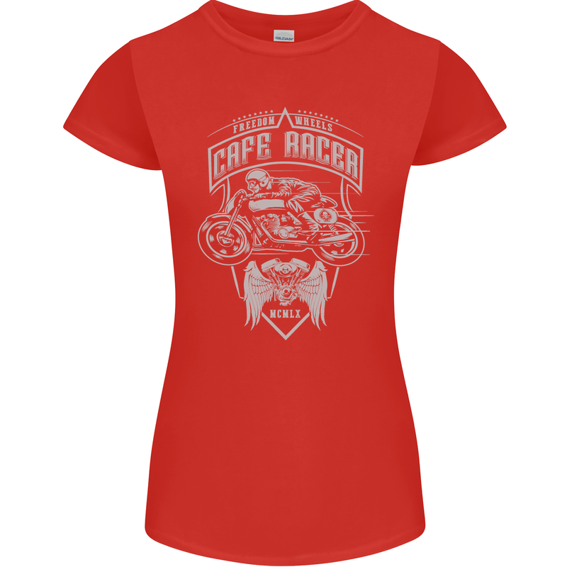 Freedom Wheels Cafe Racer Biker Motorcycle Womens Petite Cut T-Shirt Red