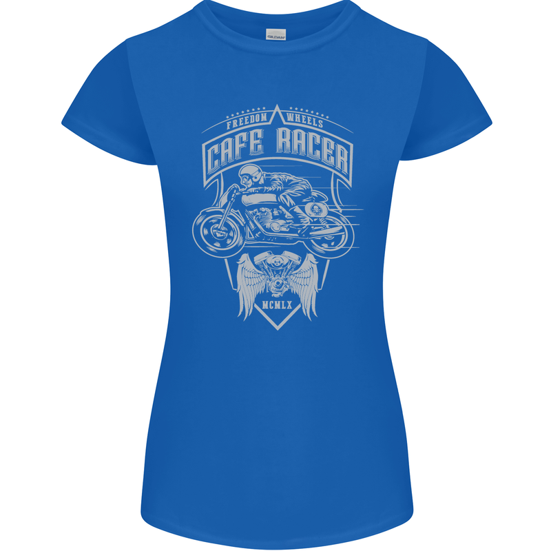 Freedom Wheels Cafe Racer Biker Motorcycle Womens Petite Cut T-Shirt Royal Blue