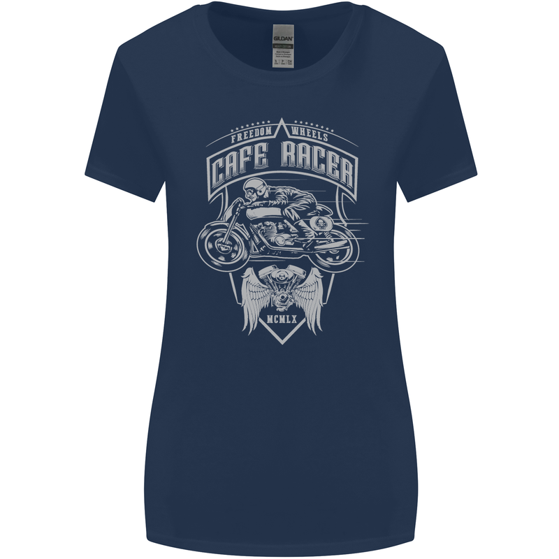 Freedom Wheels Cafe Racer Biker Motorcycle Womens Wider Cut T-Shirt Navy Blue