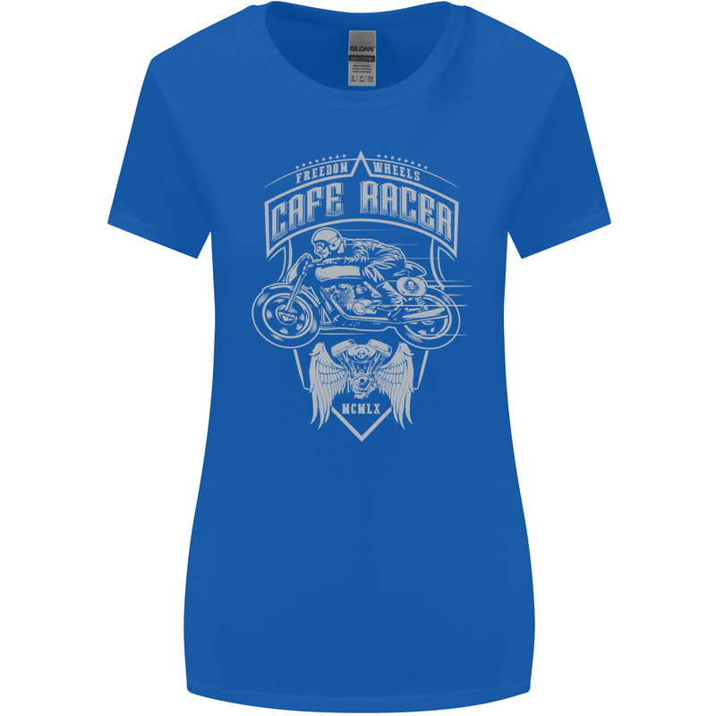Freedom Wheels Cafe Racer Biker Motorcycle Womens Wider Cut T-Shirt Royal Blue