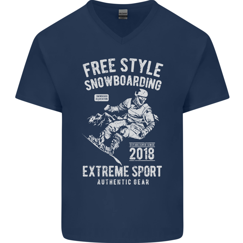 Freestyling Snowboarding Snowboard Mens V-Neck Cotton T-Shirt Navy Blue