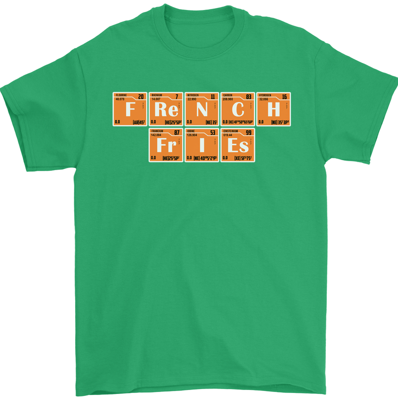 French Fries Periodic Table Chemistry Funny Mens T-Shirt Cotton Gildan Irish Green