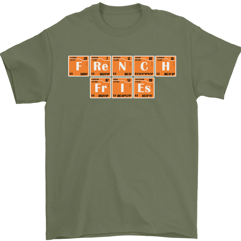 French Fries Periodic Table Chemistry Funny Mens T-Shirt Cotton Gildan Military Green