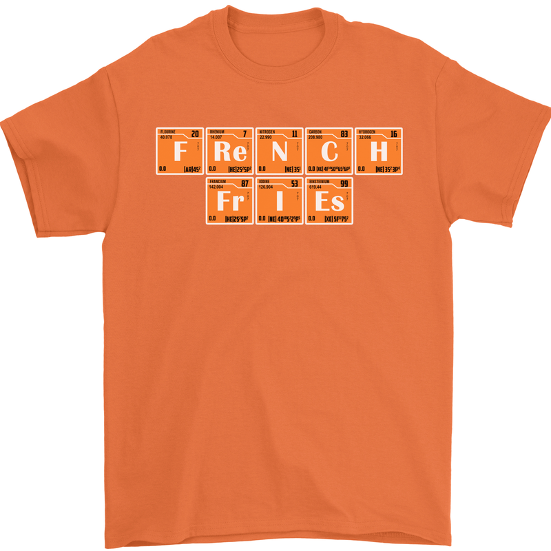 French Fries Periodic Table Chemistry Funny Mens T-Shirt Cotton Gildan Orange