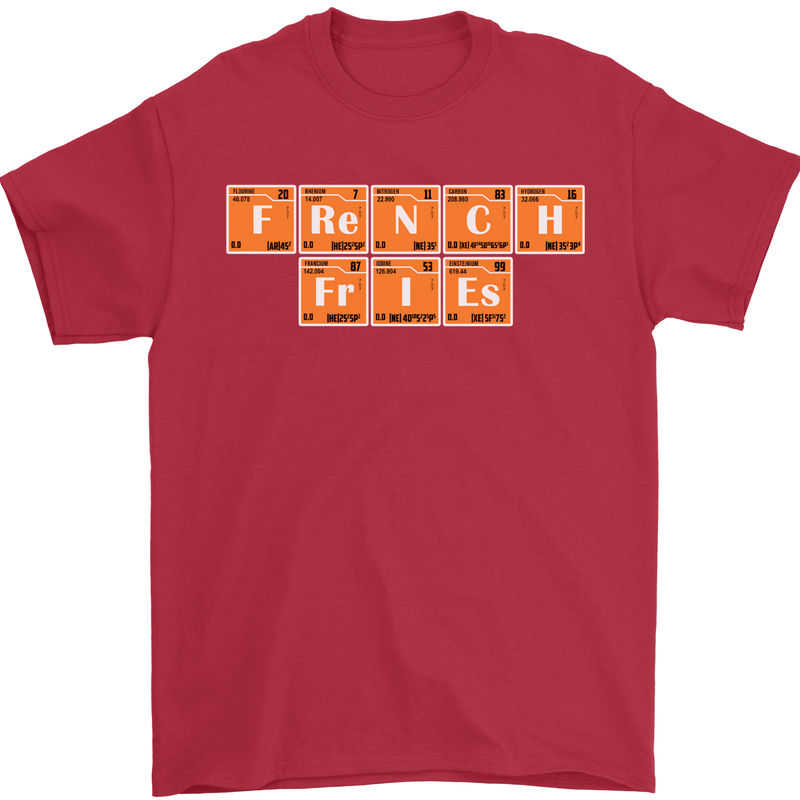 French Fries Periodic Table Chemistry Funny Mens T-Shirt Cotton Gildan Red