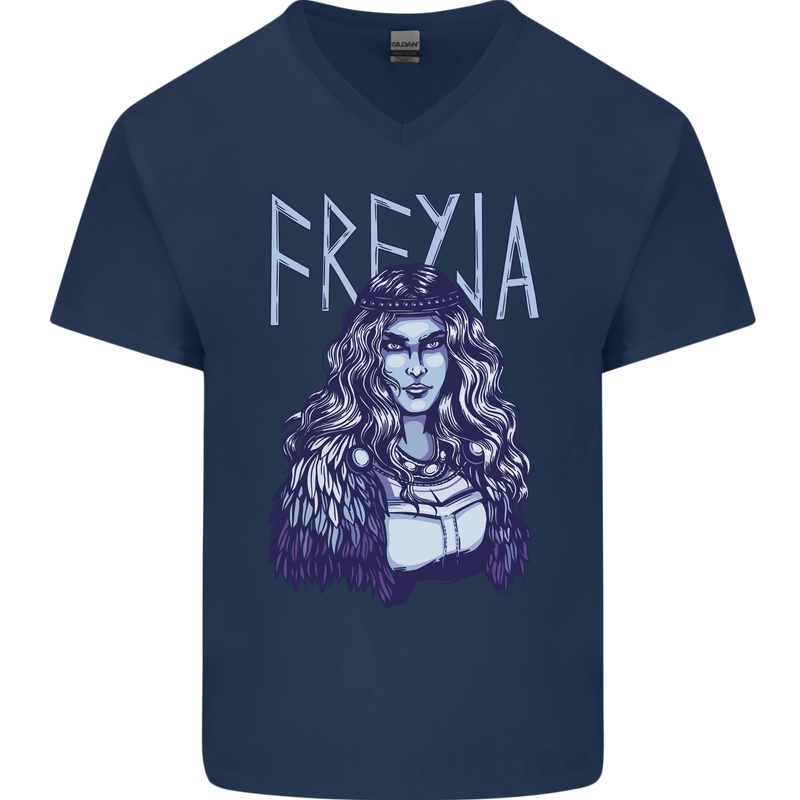 Freyja Norse Goddess Viking Valhalla Mens V-Neck Cotton T-Shirt Navy Blue