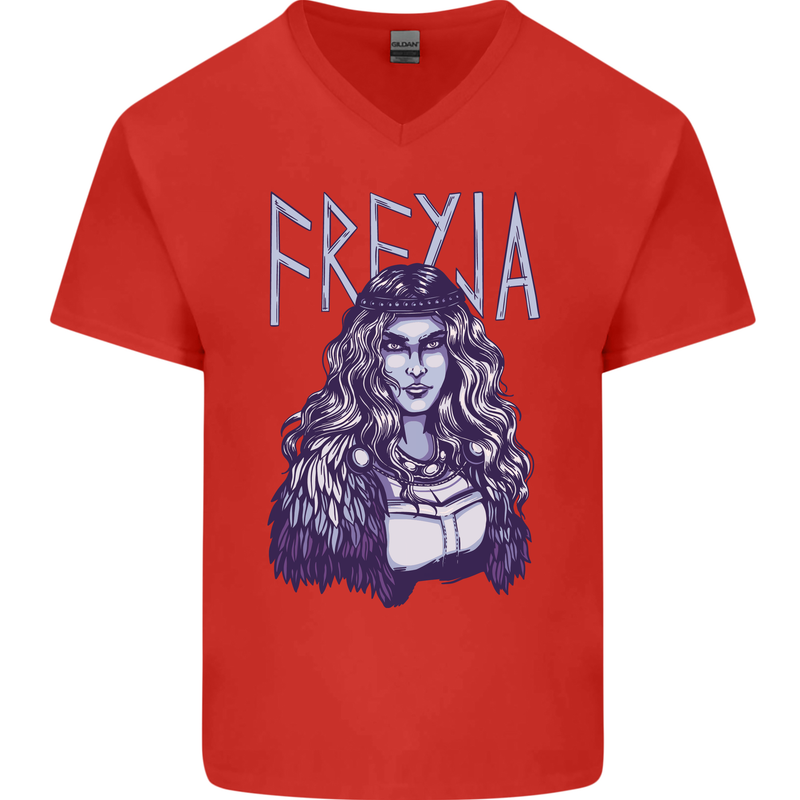 Freyja Norse Goddess Viking Valhalla Mens V-Neck Cotton T-Shirt Red