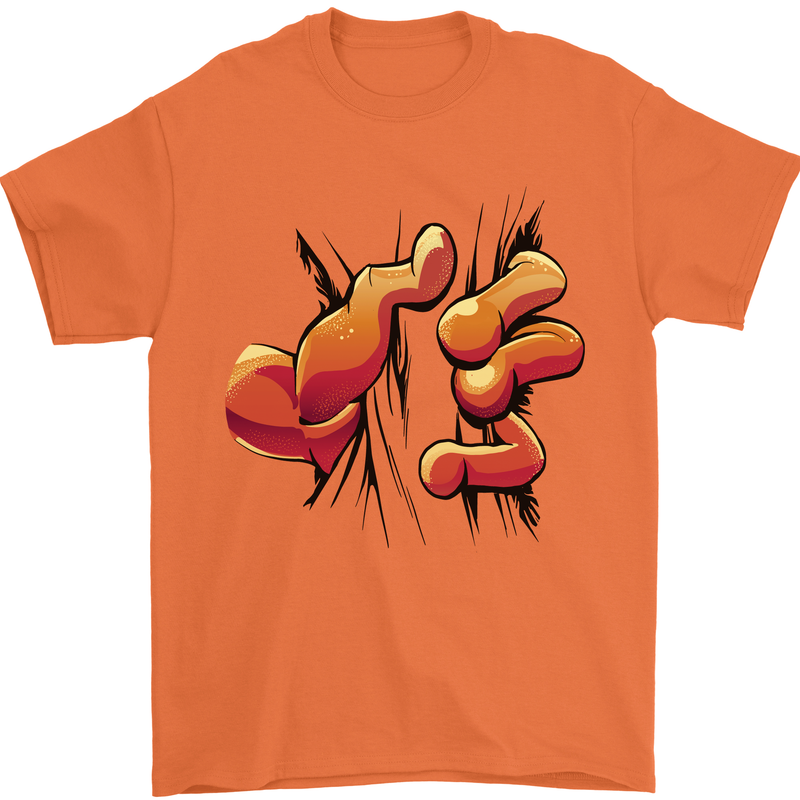 Frog Hand Scrunching Material Mens T-Shirt 100% Cotton Orange