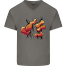 Frog Hand Scrunching Material Mens V-Neck Cotton T-Shirt Charcoal