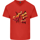 Frog Hand Scrunching Material Mens V-Neck Cotton T-Shirt Red
