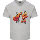 Frog Hand Scrunching Material Mens V-Neck Cotton T-Shirt Sports Grey