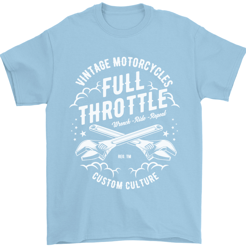 Full Throttle Motorcycle Biker Motorbike Mens T-Shirt Cotton Gildan Light Blue