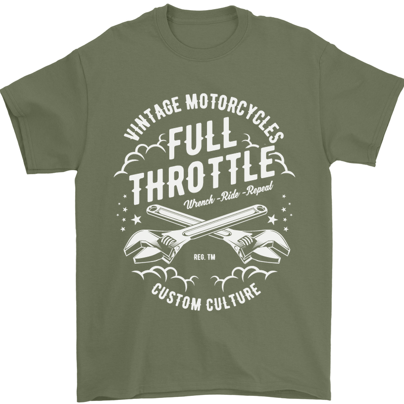Full Throttle Motorcycle Biker Motorbike Mens T-Shirt Cotton Gildan Military Green