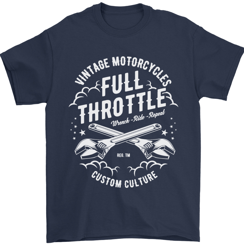 Full Throttle Motorcycle Biker Motorbike Mens T-Shirt Cotton Gildan Navy Blue