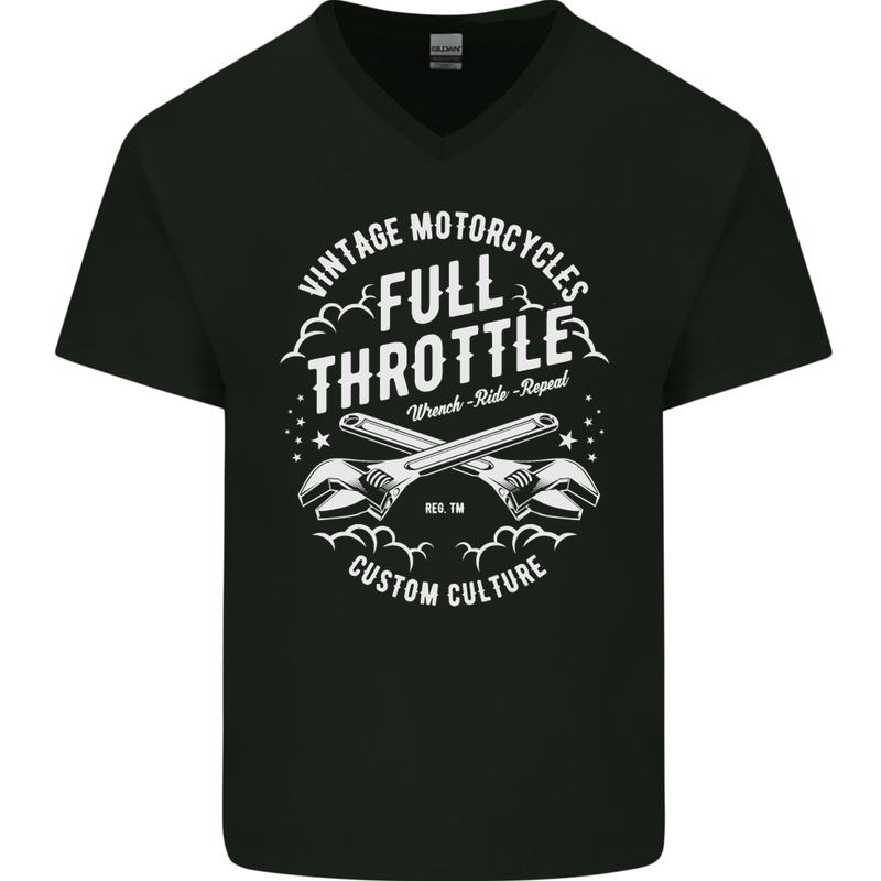 Full Throttle Motorcycle Biker Motorbike Mens V-Neck Cotton T-Shirt Black