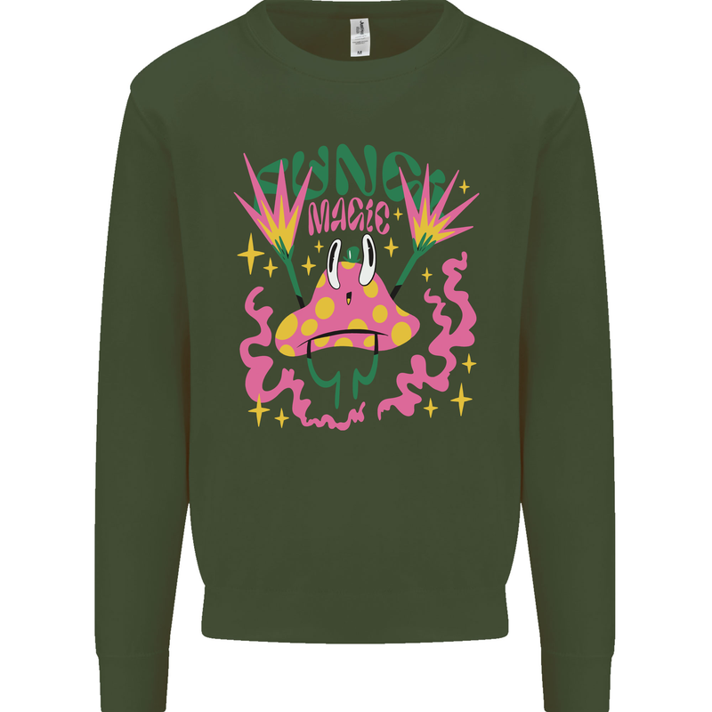 Fungi Magic Mushrooms Trippy LSD Kids Sweatshirt Jumper Forest Green