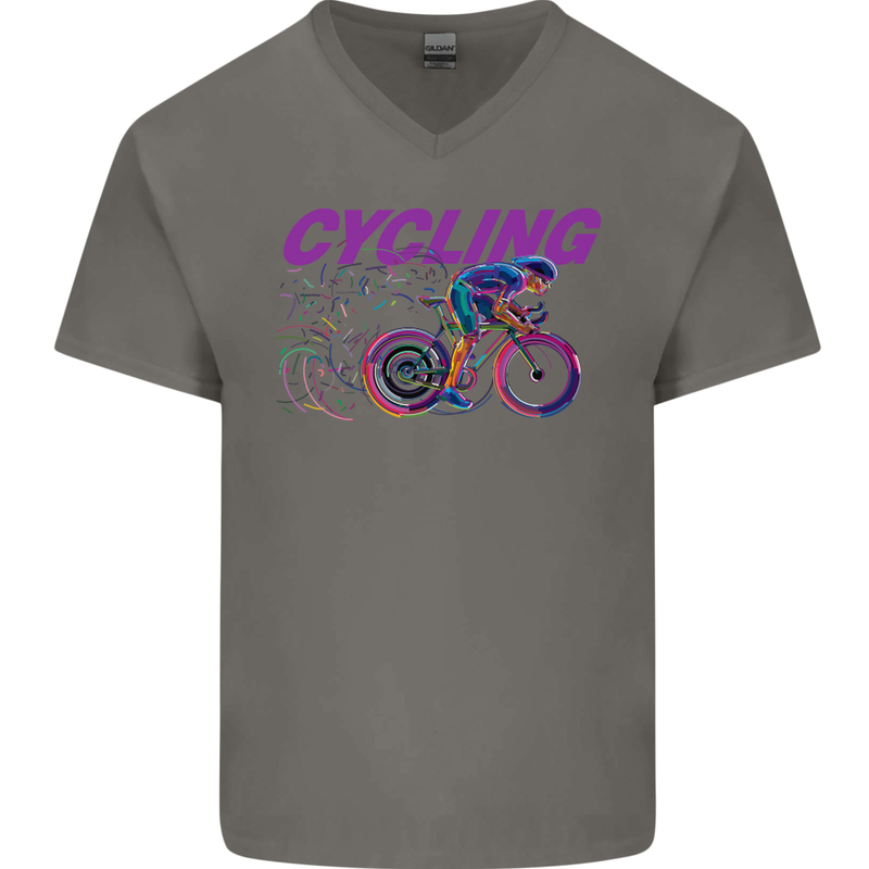 Funky Cycling Cyclist Bicycle Bike Cycle Mens V-Neck Cotton T-Shirt Charcoal