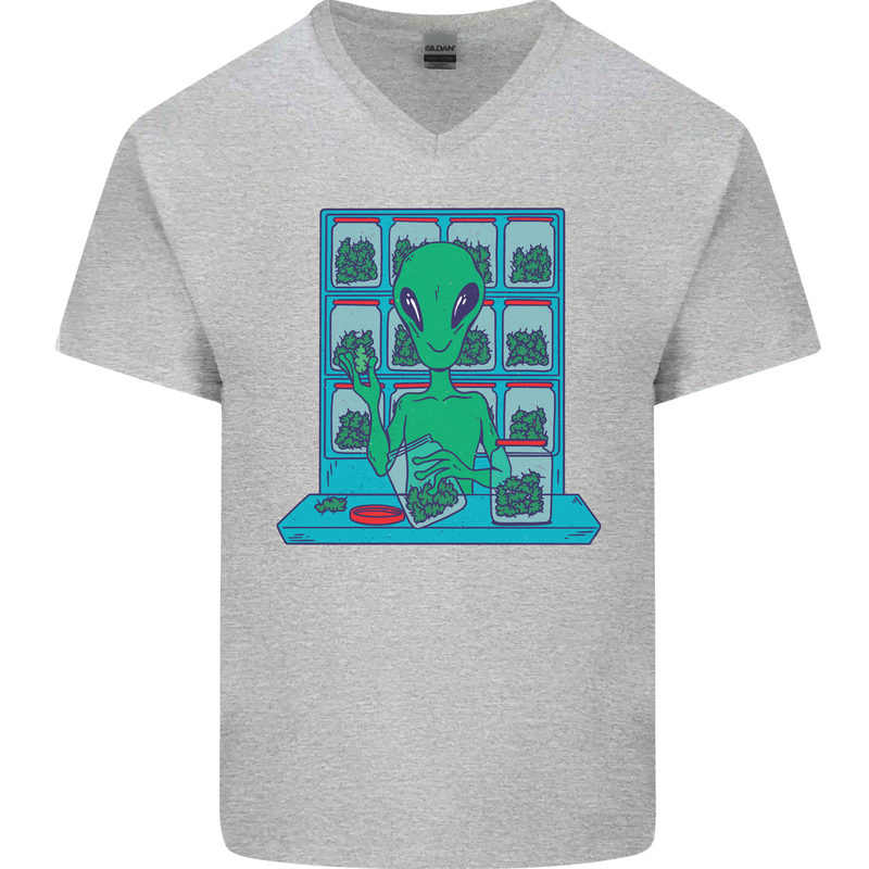 Funny Alien Drug Dealer Weed Mens V-Neck Cotton T-Shirt Sports Grey