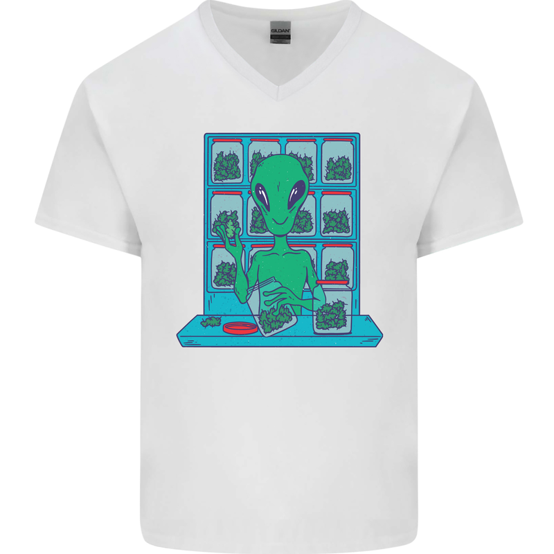 Funny Alien Drug Dealer Weed Mens V-Neck Cotton T-Shirt White