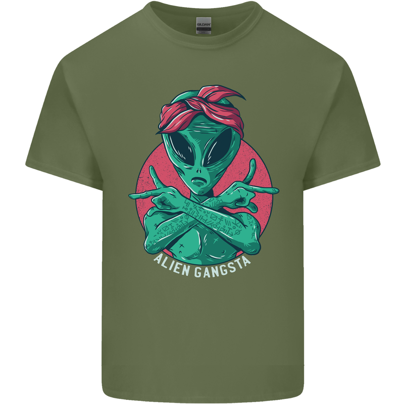 Funny Alien Gangster UFO 2Pac Rap Music Mens Cotton T-Shirt Tee Top Military Green