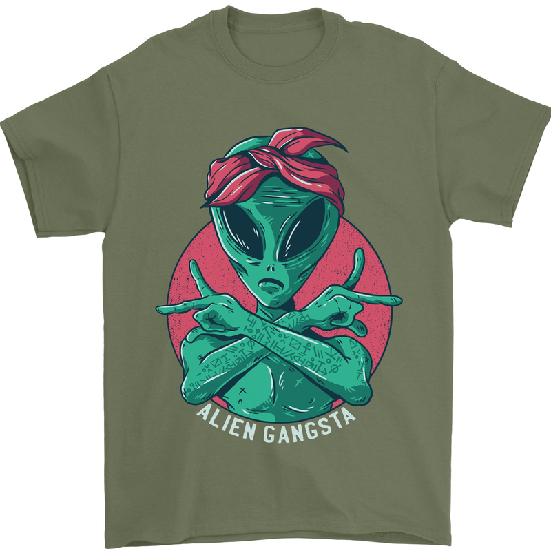 Funny Alien Gangster UFO 2Pac Rap Music Mens T-Shirt Cotton Gildan Military Green