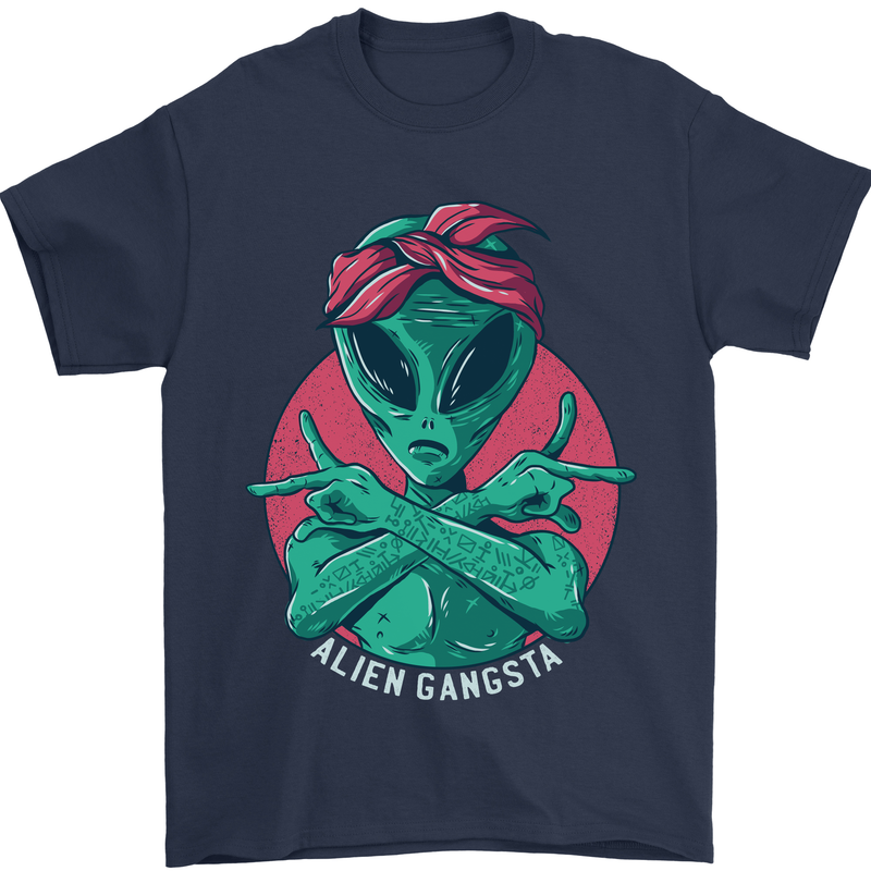 Funny Alien Gangster UFO 2Pac Rap Music Mens T-Shirt Cotton Gildan Navy Blue