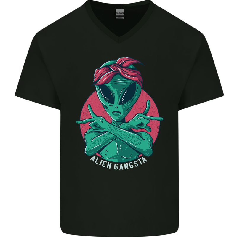 Funny Alien Gangster UFO 2Pac Rap Music Mens V-Neck Cotton T-Shirt Black