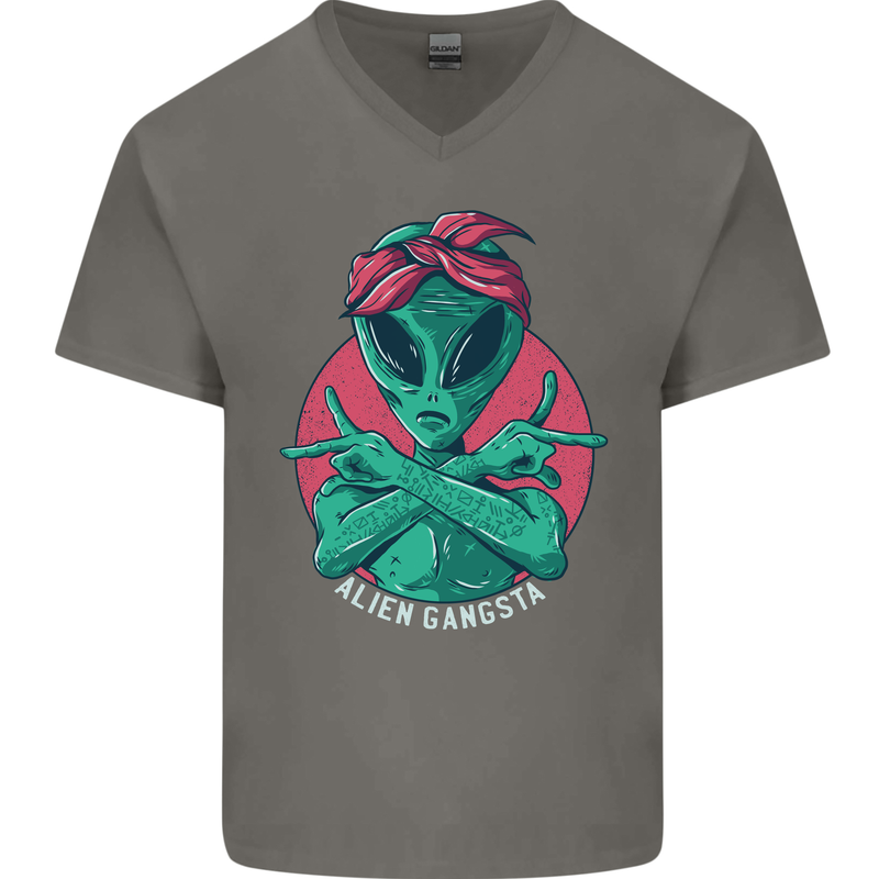 Funny Alien Gangster UFO 2Pac Rap Music Mens V-Neck Cotton T-Shirt Charcoal