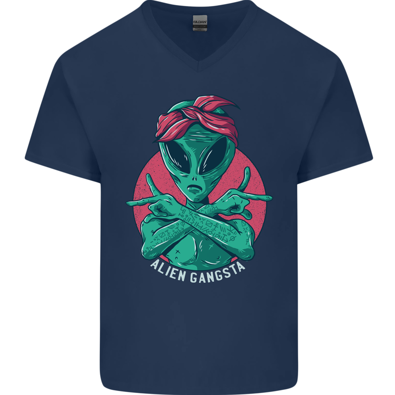 Funny Alien Gangster UFO 2Pac Rap Music Mens V-Neck Cotton T-Shirt Navy Blue