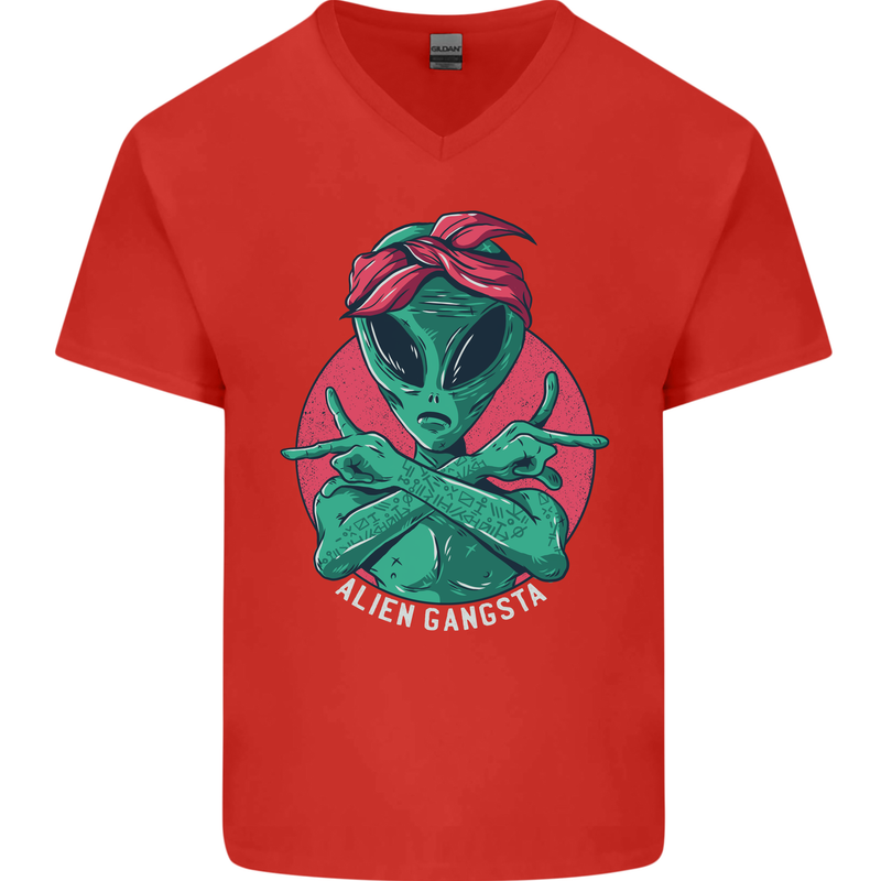 Funny Alien Gangster UFO 2Pac Rap Music Mens V-Neck Cotton T-Shirt Red