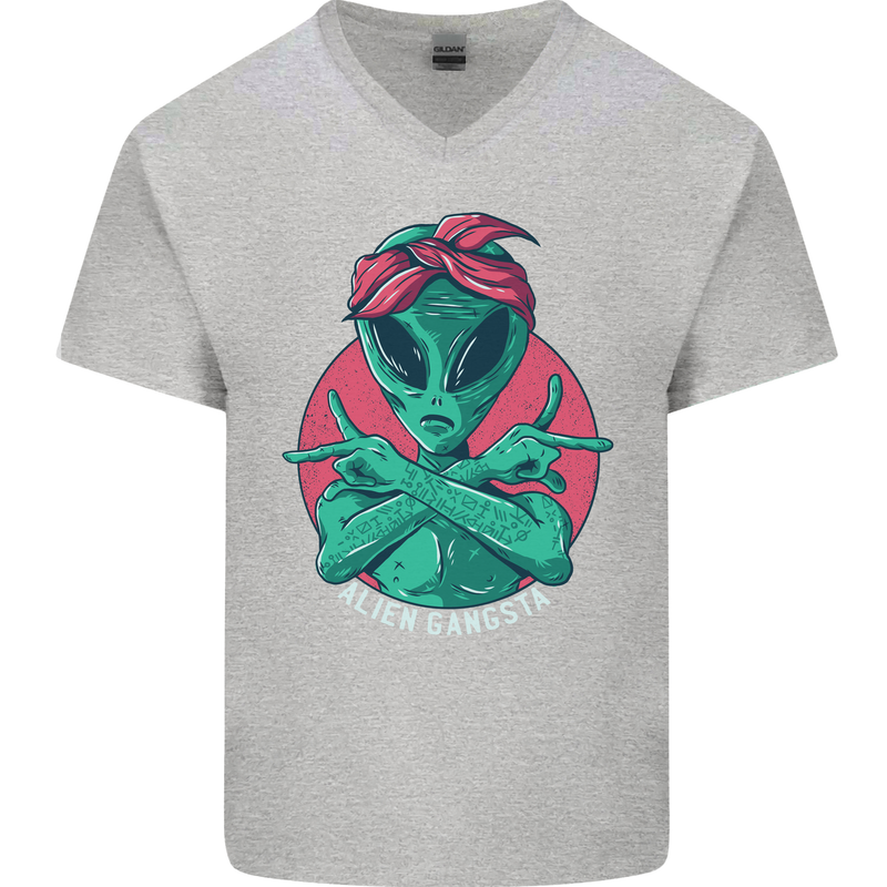 Funny Alien Gangster UFO 2Pac Rap Music Mens V-Neck Cotton T-Shirt Sports Grey