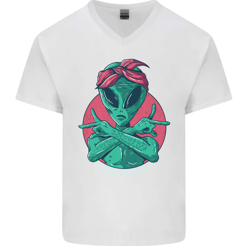 Funny Alien Gangster UFO 2Pac Rap Music Mens V-Neck Cotton T-Shirt White
