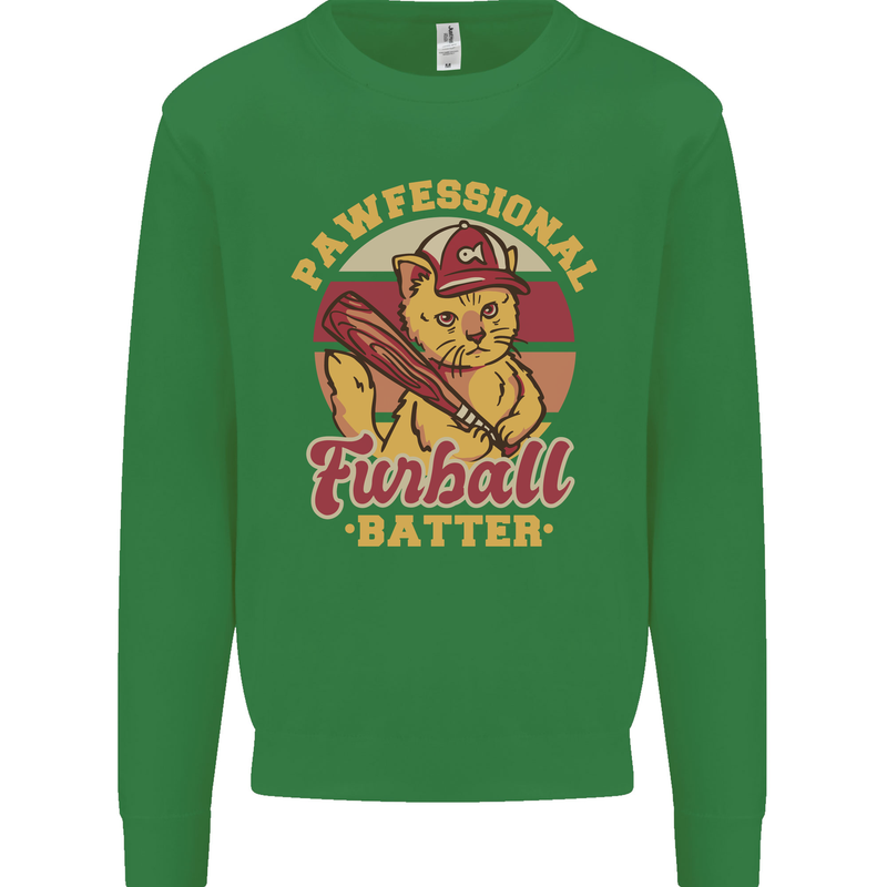 Funny Baseball Cat Furball Batter Kids Sweatshirt Jumper Irish Green