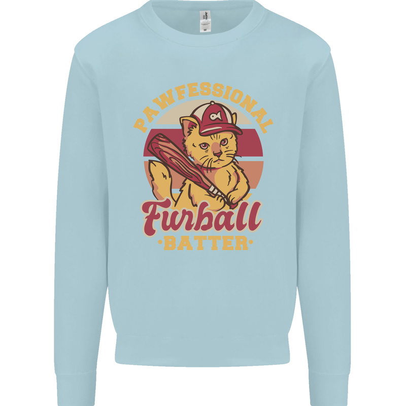 Funny Baseball Cat Furball Batter Kids Sweatshirt Jumper Light Blue