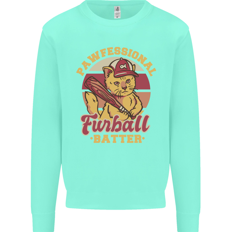 Funny Baseball Cat Furball Batter Kids Sweatshirt Jumper Peppermint