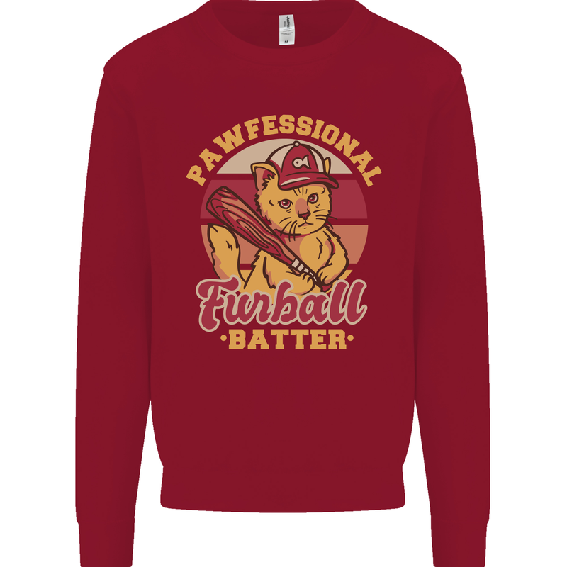 Funny Baseball Cat Furball Batter Kids Sweatshirt Jumper Red