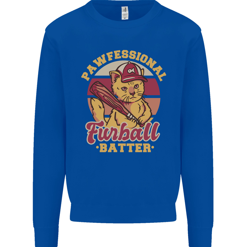 Funny Baseball Cat Furball Batter Kids Sweatshirt Jumper Royal Blue