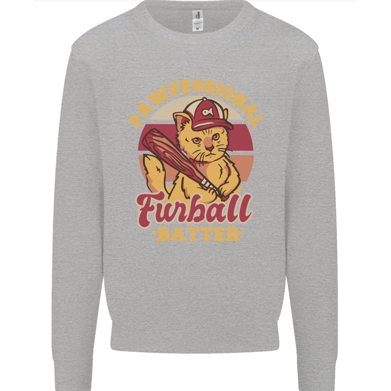 Funny Baseball Cat Furball Batter Kids Sweatshirt Jumper Sports Grey