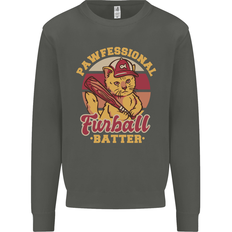 Funny Baseball Cat Furball Batter Kids Sweatshirt Jumper Storm Grey