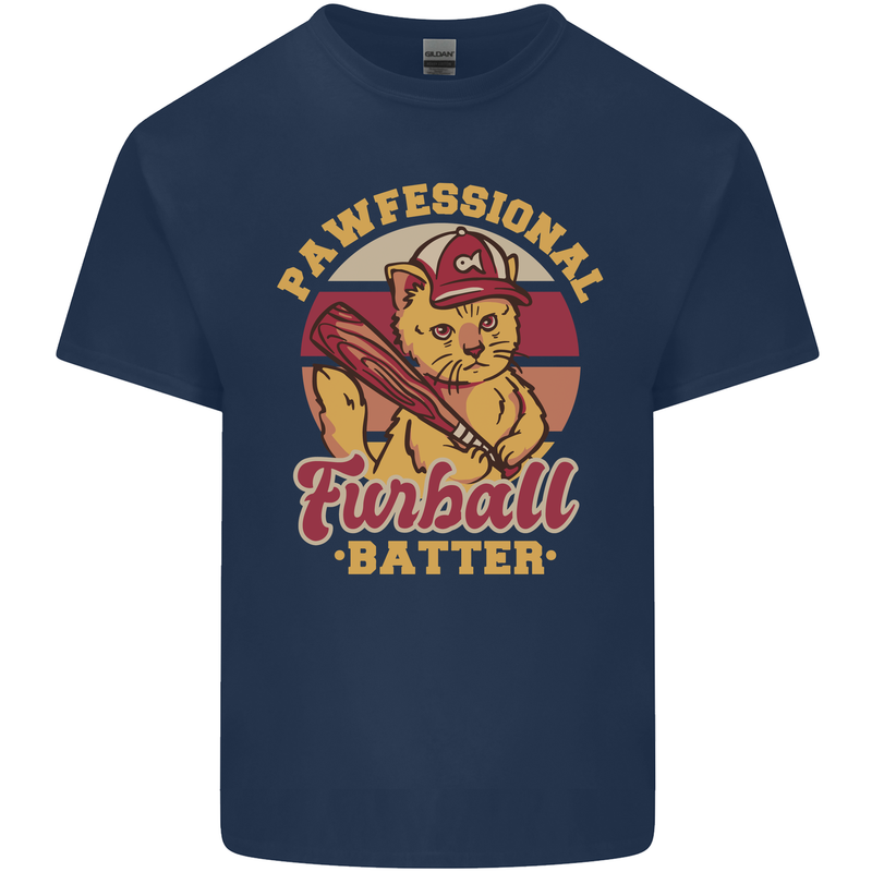 Funny Baseball Cat Furball Batter Kids T-Shirt Childrens Navy Blue