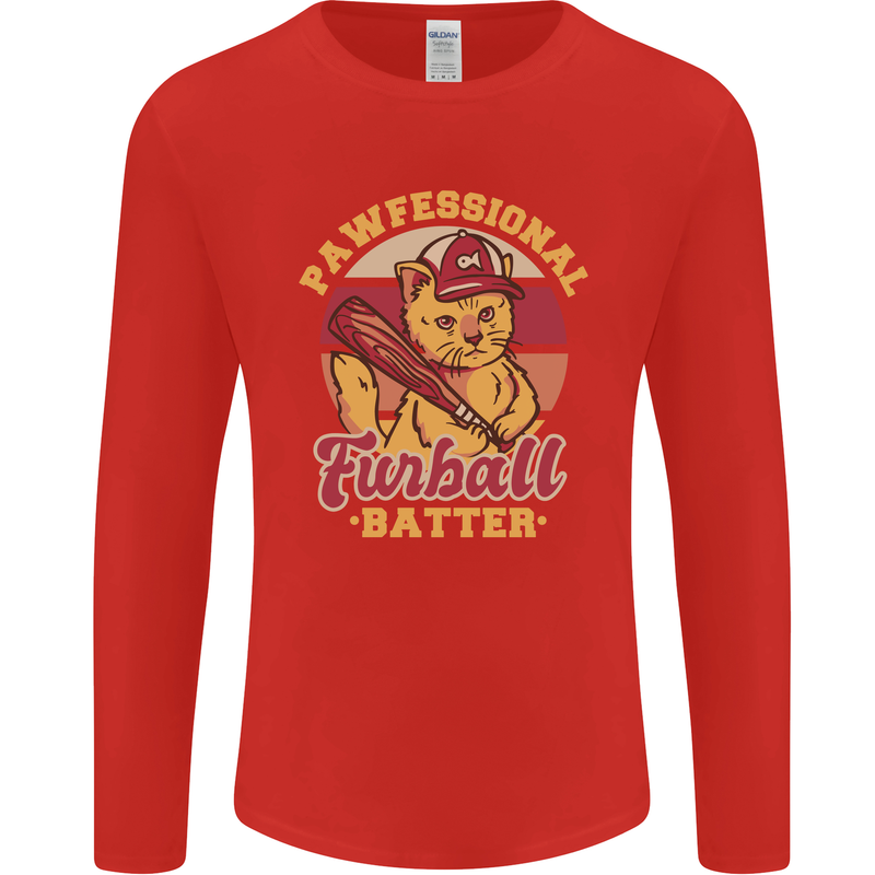 Funny Baseball Cat Furball Batter Mens Long Sleeve T-Shirt Red